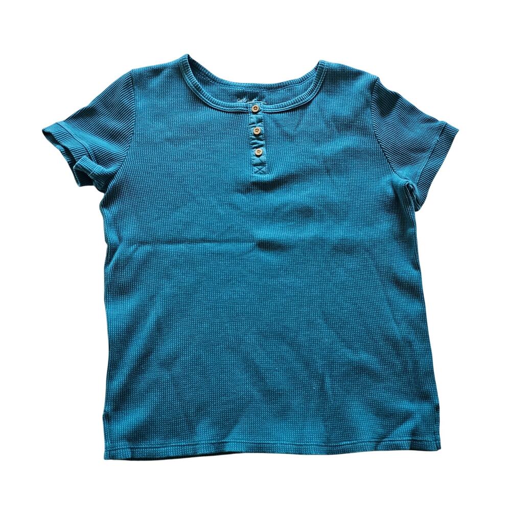 Cat & Jack Short Sleeve Waffle Knit Henley Style Top Teal, Girls Sz L (10/12)